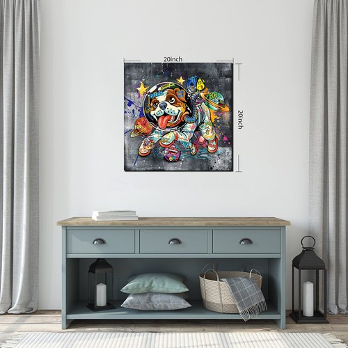 Kepgonegu Canvas Wall Art Funny Dog in Spacesuit Picture Banksy Graffiti Wall Art Ready to Hang Size 20”W x 20”H