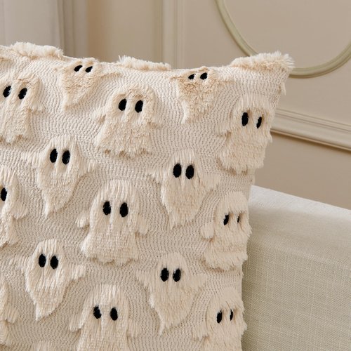 YOSICHY Halloween Decorations Pillow Covers 18x18 inch Set of 2 Beige Ghost Throw Pillow Cases Soft Plush Faux Fur Wool Decorative Cushion Case for Sofa Couch Bed Chair Living Room Home Decor