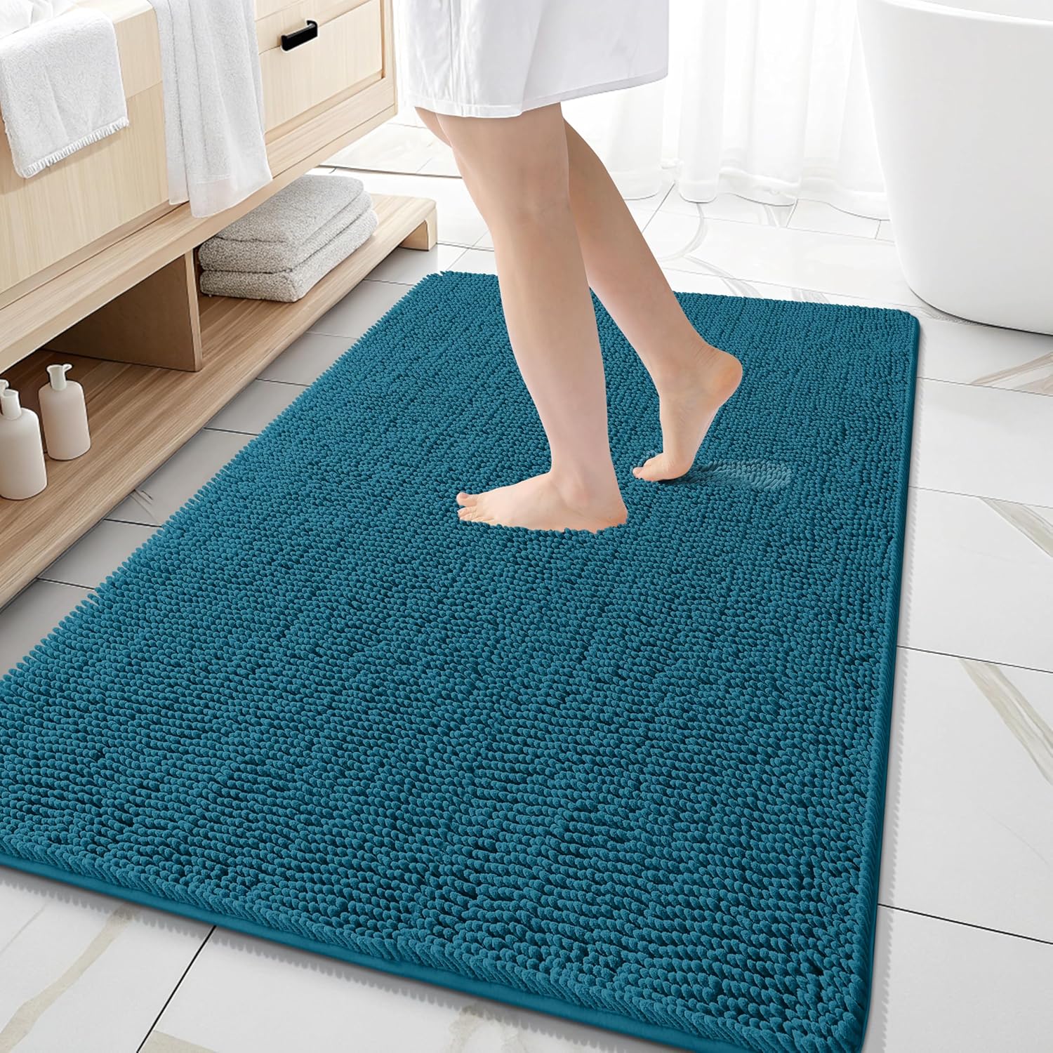 OLANLY Large Bathroom Rugs - Extra Soft Chenille Bath Mats | Quick Dry, Machine Washable, 59x35, Peacock Blue