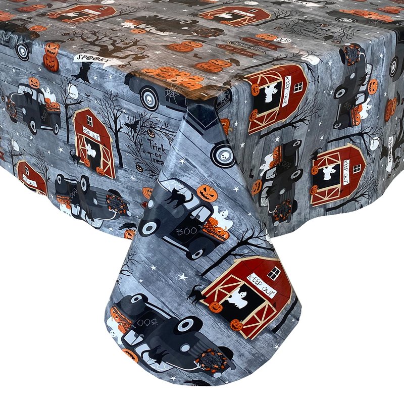 Newbridge 60 x 84 Inch Rectangle Haunted Halloween Rustic Ghost Farm Vinyl Tablecloth with Flannel Backing, Haunted Barn and Pumpkin Truck Farm Scene, Easy Care Wipe Clean Table Cover