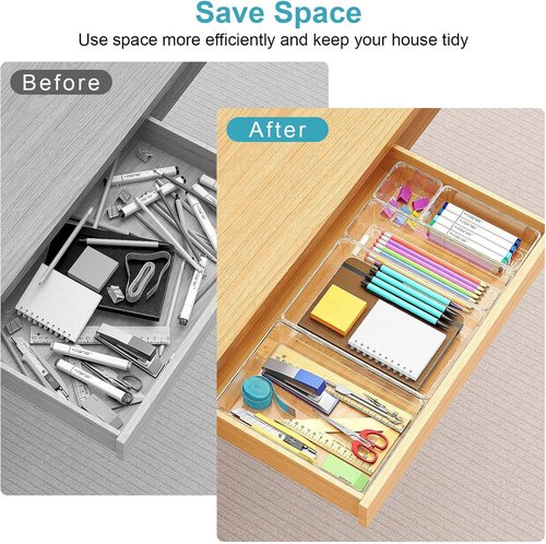 Manalete Drawer Organizers - Set of 12 Clear Plastic Storage Bins for Kitchen, Bathroom & Office