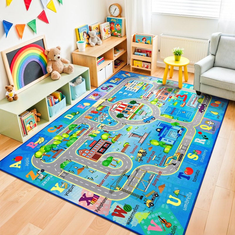 Chicrug 5x7 Car Road Area Rug for Kids Playroom Bedroom, Non Slip Low Pile Washable ABC Alphabet Carpet for Classroom, Track Play Mat for Toddler Children Nursery Baby Room Decor, Blue