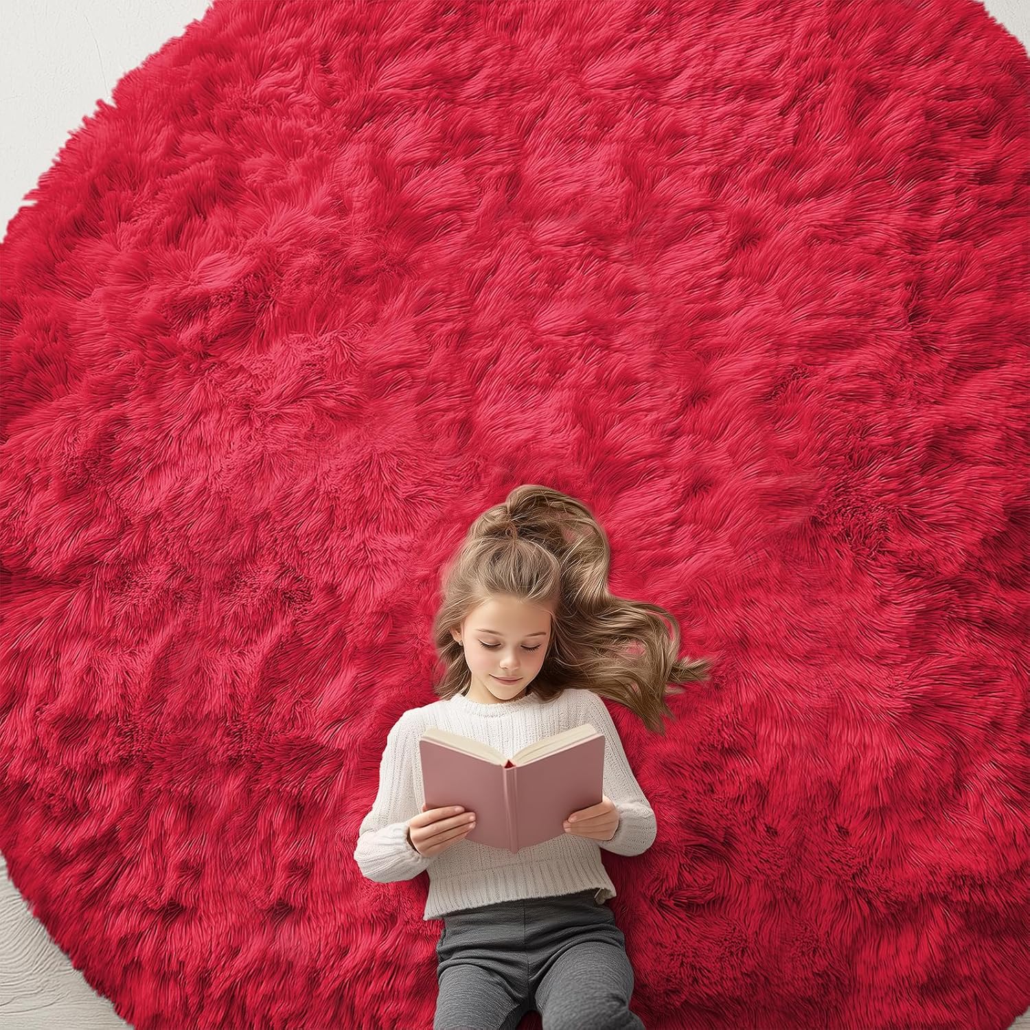 OLANLY Red Round Area Rug - Soft, Fluffy, Machine Washable 9 ft Circle Carpet for Bedroom & Living Room