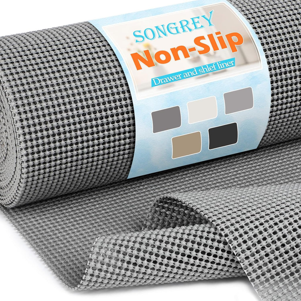 Songrey Non-Adhesive Drawer Liner - 12IN x 20FT Non-Slip Cabinet Mat for Kitchen & Bathroom (Dark Gray)