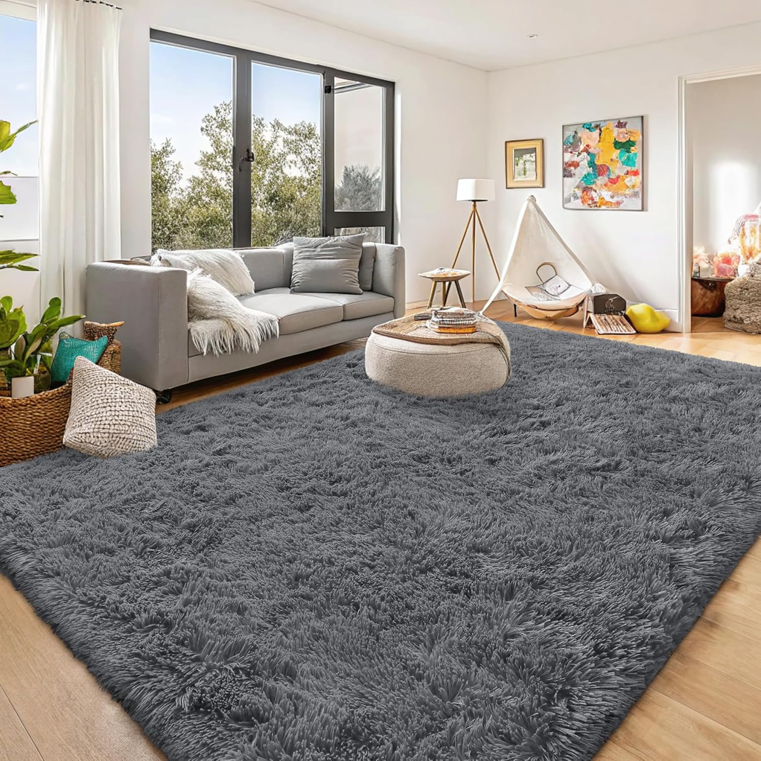 OLANLY Large Area Rug - Soft Fluffy Shaggy Carpet for Living Room & Bedroom | Machine Washable, Grey