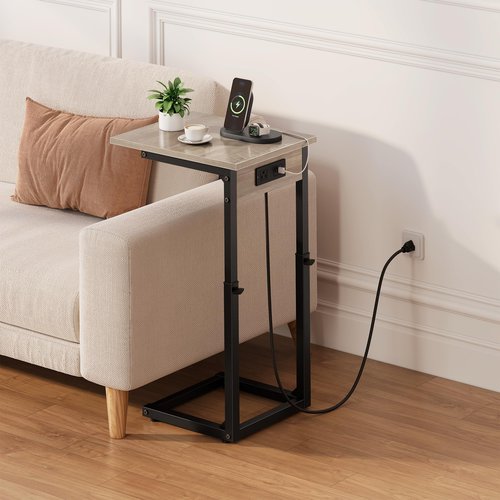 Vagusicc C Shaped End Table with Charging Station, Adjustable Height Side Table for Couch, C Table End Table Couch Table That Slide Under, Sofa Table TV Tray Arm Tables for Living Room, Bedroom, Gray
