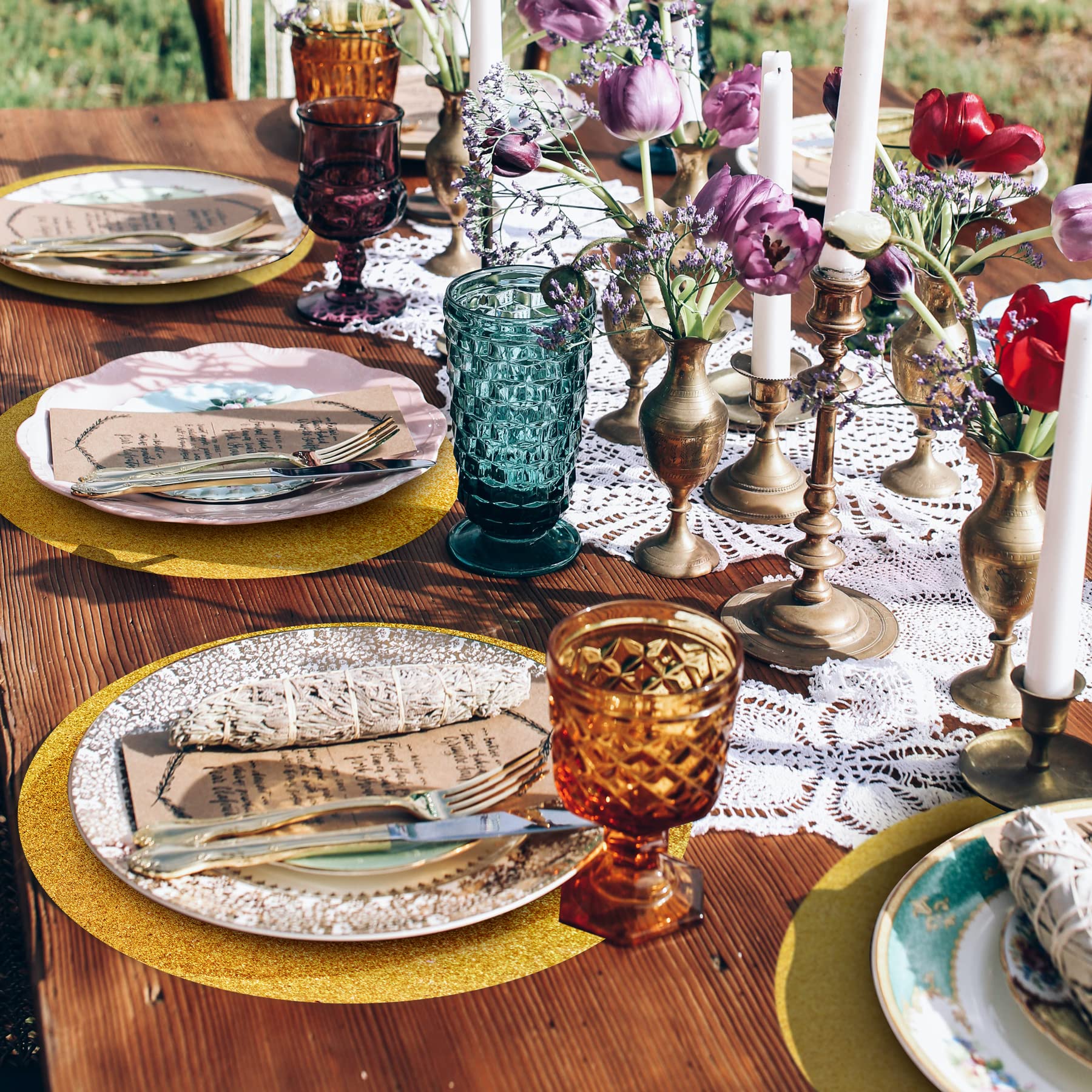 50 Pieces Gold Glitter Paper Place Mats Sparkle 14'' Round Disposable Table Mats Golden Sequin Doilies Decorative Placemats for Wedding Banquet Party Home Dining Tableware