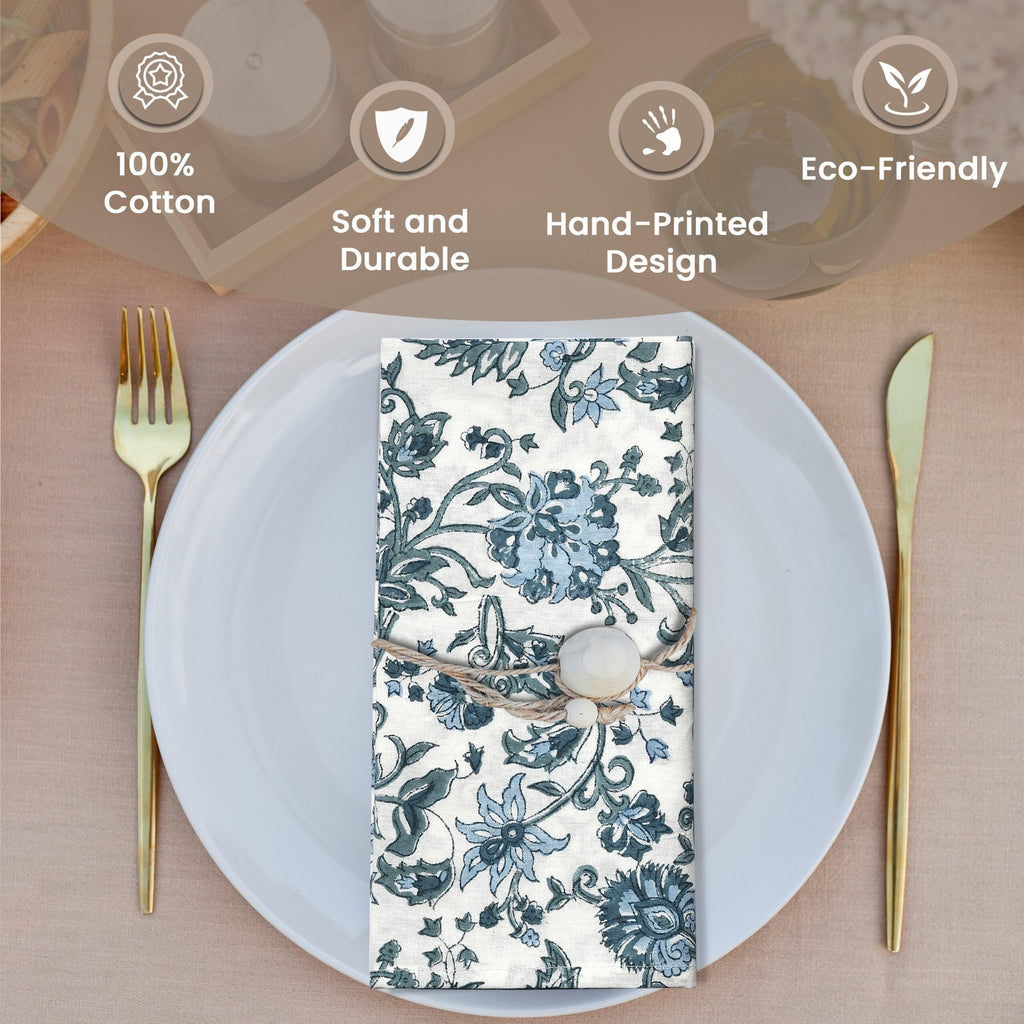 CPC Cloth Napkins Set of 6 Cotton Printed Dinner Hand Print Napkins I Wedding Cocktail Cloth Floral Napkins I 18x18 in I Blue Flower