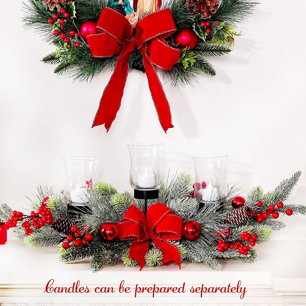 Regine Switzerland Red Christmas Table Centerpiece - Cedar Decoration with 3 Candlestick Glass Cups & Red Berries for Holiday Parties