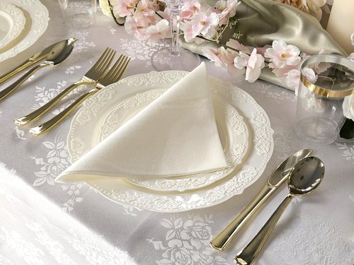" OCCASIONS " 150 Piece set (25 Guests) Vintage Wedding Party Disposable Dinnerware Set Plastic Plates 10.25'', 7.5'' +Gold Silverware w/double fork (Portofino Plain Ivory, Gold Silverware)