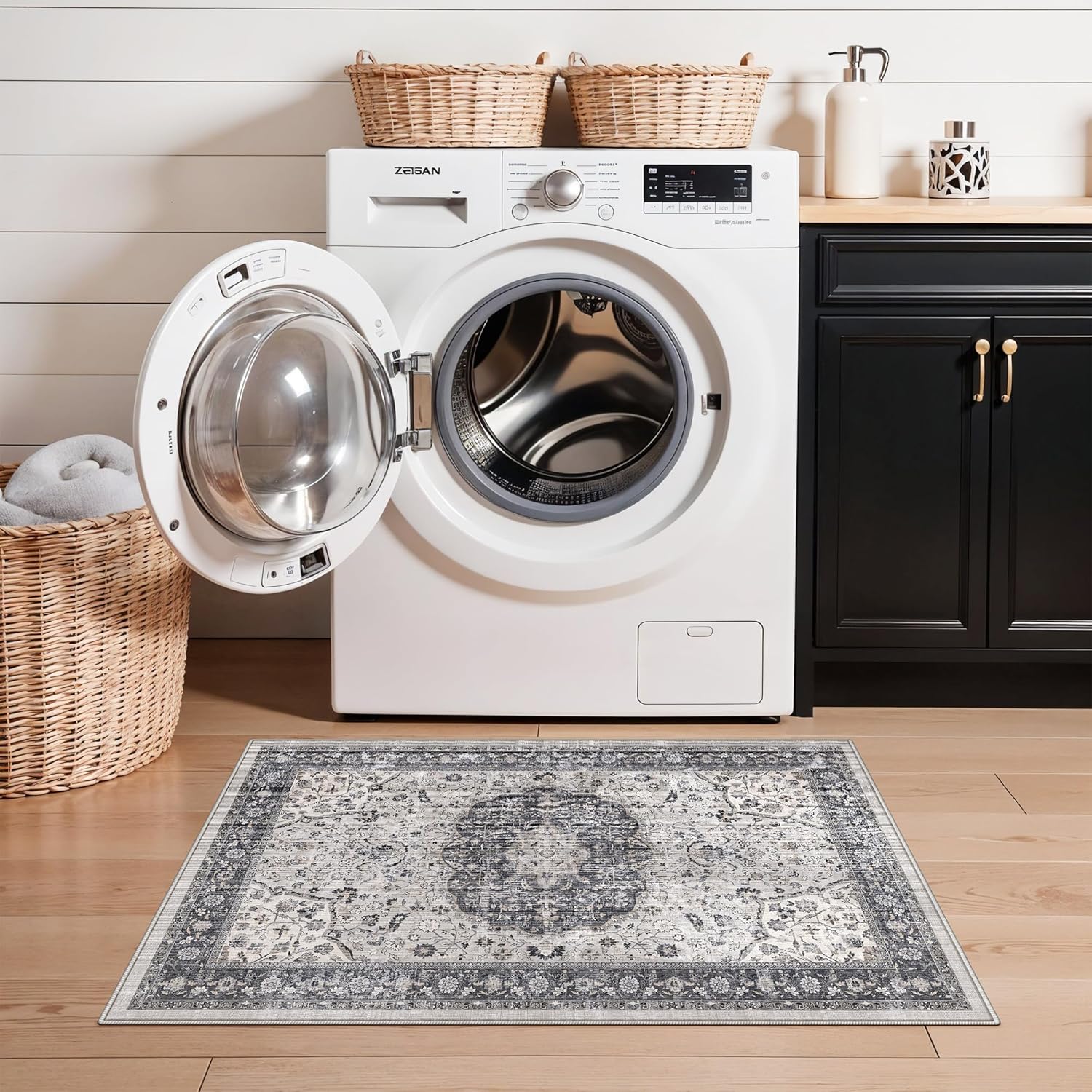 Regine Switzerland Washable 2x3 Entryway Rug - Vintage Soft Thin Non-Slip Mat | Water-Resistant Grey Carpet