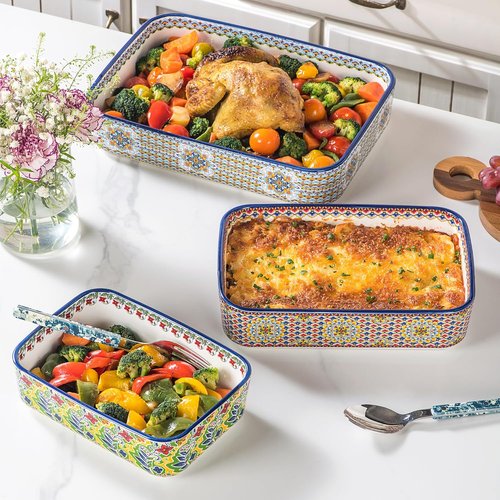 Boho Style Ceramic Baking Dishes Set of 3 | Rectangular Casserole Pans for Oven & Roasting