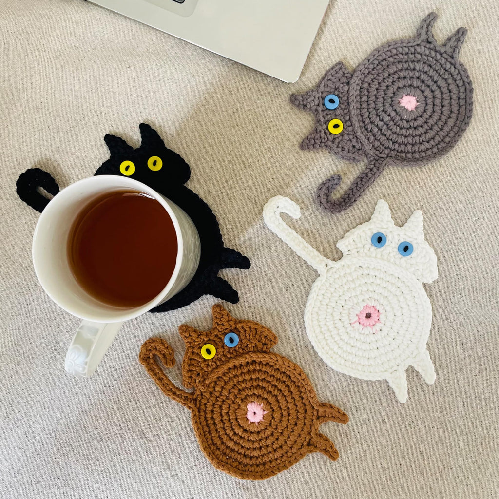 DICHA Peeking Cat Crochet Coasters - Cat Gifts - Insulation Coasters for Coffee & Tea - Handmade Set of 4