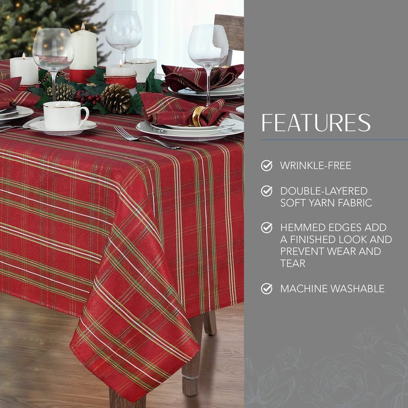 Elrene Home Fashions Shimmering Plaid Holiday Fabric Tablecloth, 60" x 144", Red