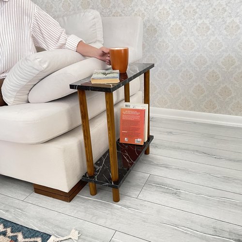 Narrow Small Places Faux Marble Top Modern Side Table for Couch Living Room, Slim Minimalist End Table 2 Tier with Open Shelf Nightstand for Bedrooms, Snack Tray, TV Manual (Black Marble, Narrow, 7")