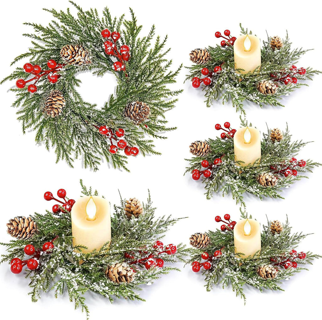 Skiennix 4 Pack Flocked Mini Christmas Wreath Candle Rings - 9"x3.5" Snowy Cypress Decor with Red Berries & Pinecones