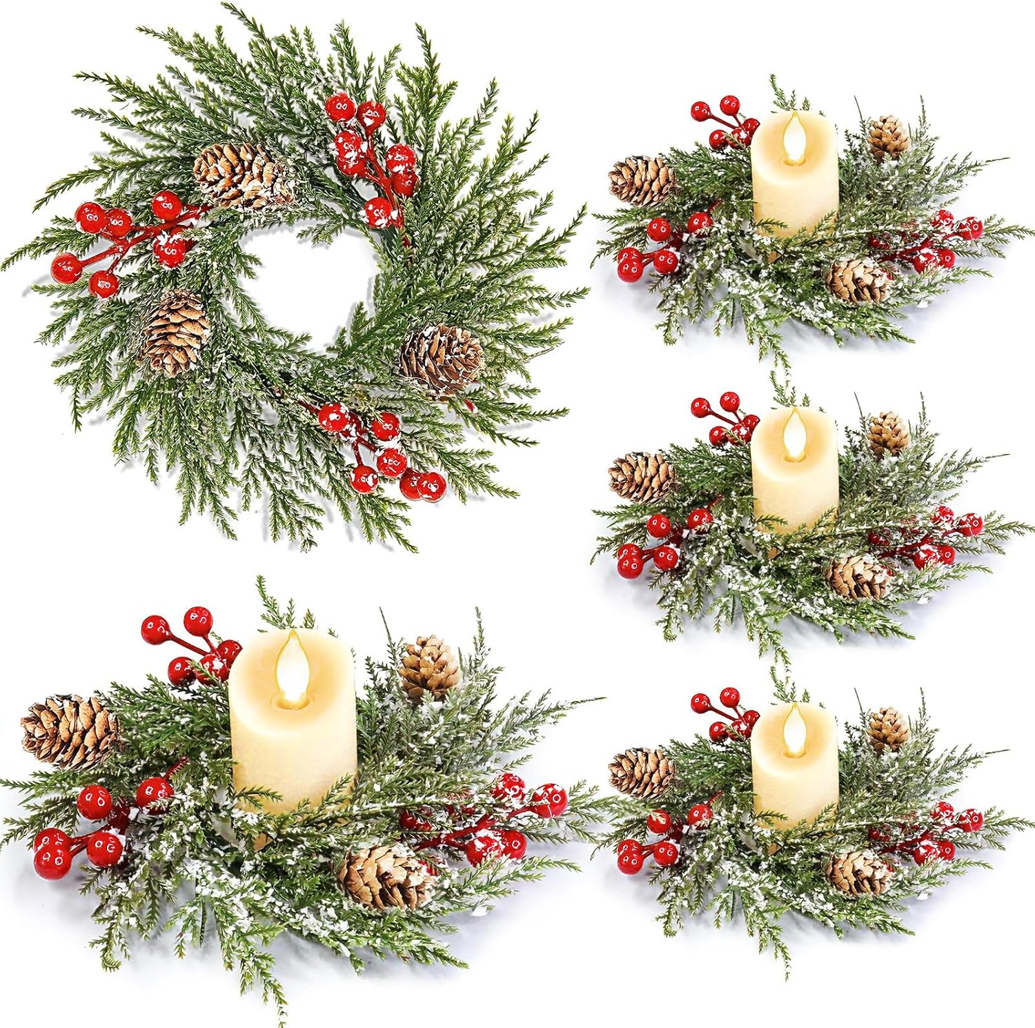 Skiennix 4 Pack Flocked Mini Christmas Wreath Candle Rings - 9"x3.5" Snowy Cypress Decor with Red Berries & Pinecones