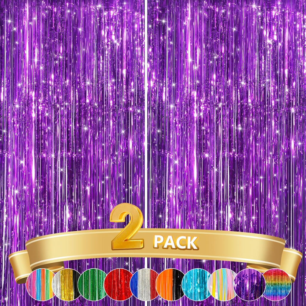 Skiennix Purple Metallic Tinsel Foil Fringe Curtains - 2 Pack Door Streamers for Parties & Events