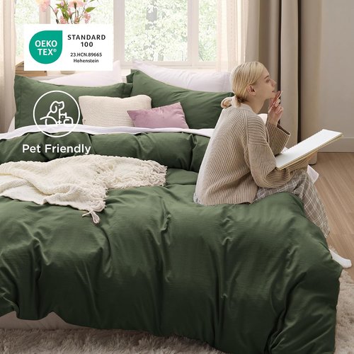 Bedsure Olive Green Oversized Queen Duvet Cover Set - Extra Soft Prewashed Cotton-Like Polyester, 3 Pieces