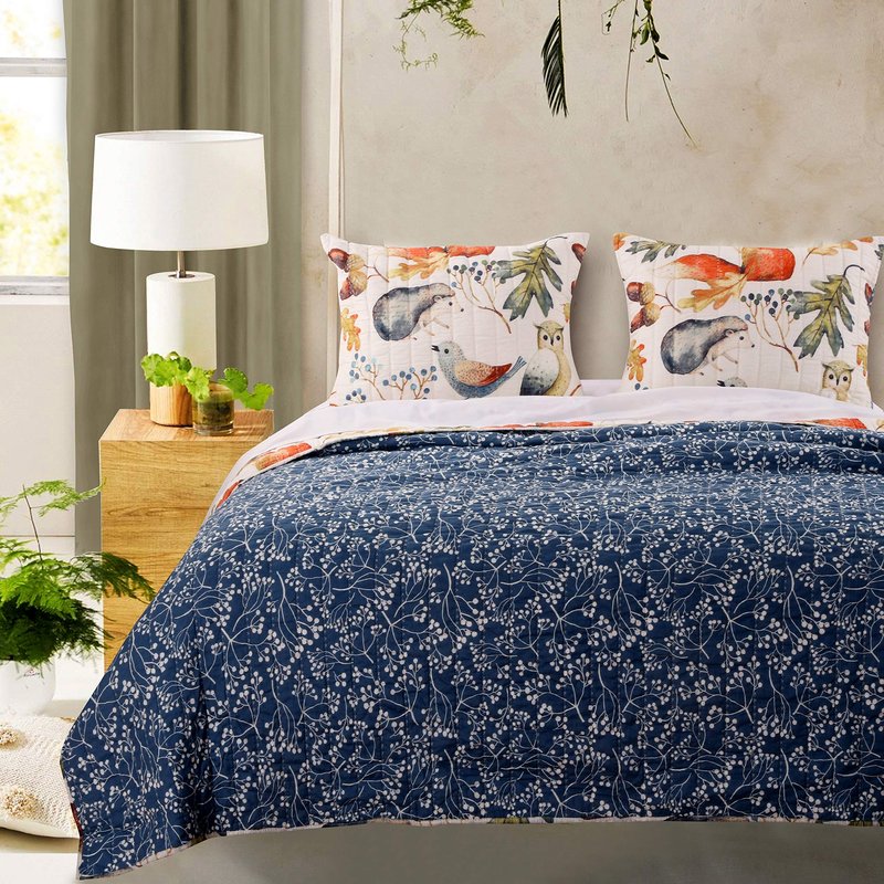 Greenland Home Willow Novelty Forest Animals Reversible Quilt Set, 2-Piece Twin, Natural