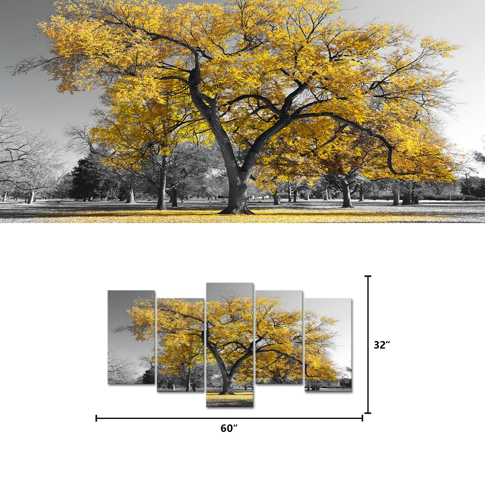 Visual Art Decor 5 Pieces Canvas Painting Prints Large Autumn Yellow Tree in Black and White Fall Landscape Home Office Wall Decoration Framed Wall Decor Artwork