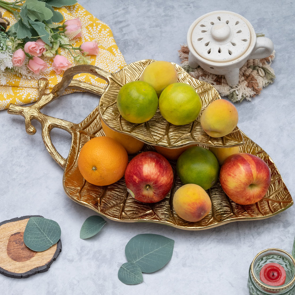 GUTE Large Decorative Gold Leaf 2 Tier Serving Centerpiece Tray for Fruits, Appetizers, Meat, Fish, Cakes Hors D'vour, Fruit Catch All Golden Leaves Vine, Stainless Brass, Home Decor 18" Long -