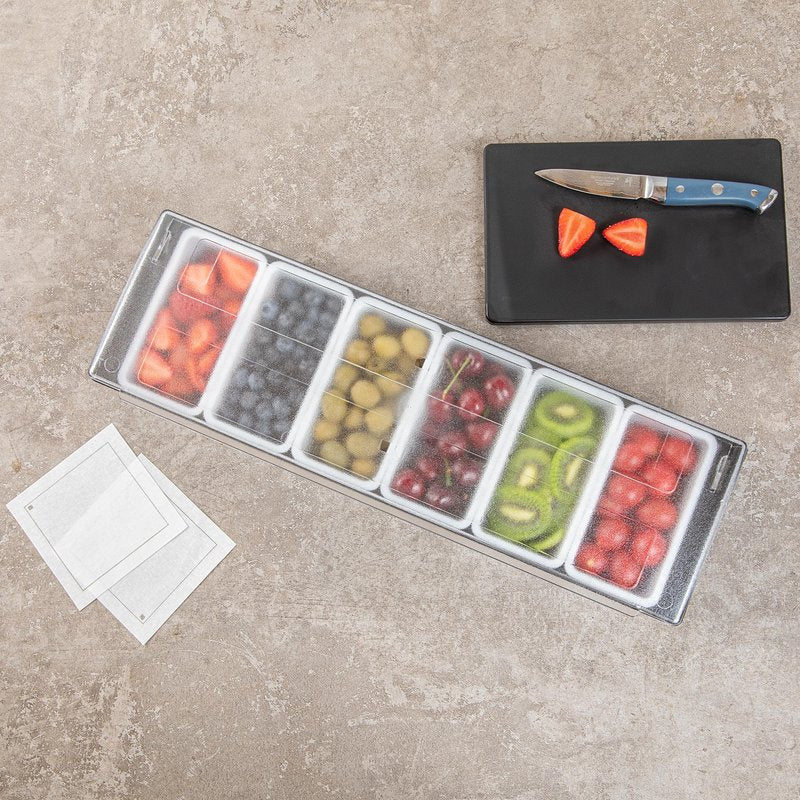 Restaurantware Bar Lux 19.6 x 6.3 x 3.7 Inch Condiment Caddy 1 Durable Bar Caddy - 6 Removable Compartments Built-In Lid Black Plastic Condiment Holder For Restaurant Store Cocktail Garnish