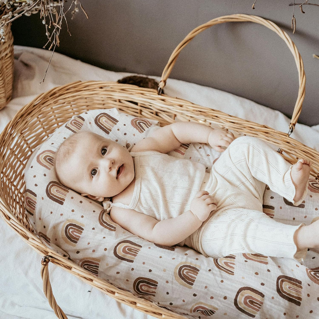 Skiennix Muslin Bassinet Fitted Sheets - Soft Cotton Baby Mattress Set | 360° Snug Fit, Cute Rainbow Design