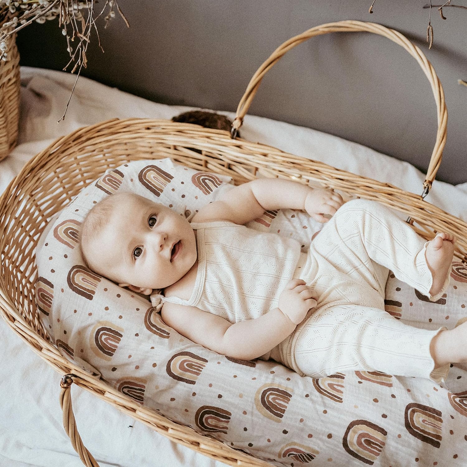 Skiennix Muslin Bassinet Fitted Sheets - Soft Cotton Baby Mattress Set | 360° Snug Fit, Cute Rainbow Design