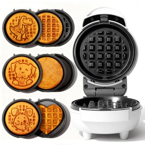 SugarWhisk 6-in-1 Mini Waffle Maker With Removable Plates, 4.5'' Mini Waffle Iron for Holidays, Parties & Events Waffle Maker Machine, 8 Plates with Premium Ceramic Coating, White
