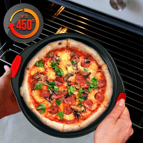 Nutrichef Non-Stick Pizza Tray with Silicone Handles, 6-Pack Round Steel Non-Stick Pans with Perforated Holes, Premium Bakeware, Pizza Trays with Silicone and Oversized Handles, Dishwasher Safe