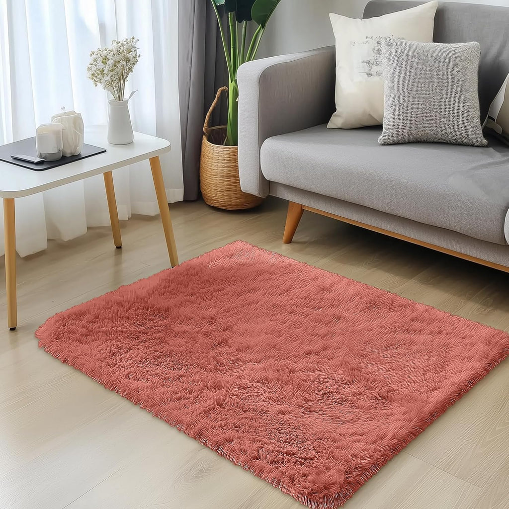 OLANLY Small Bedside Rug - Soft Fluffy Shaggy Carpet for Living Room & Bedroom | Rust Red, Machine Washable