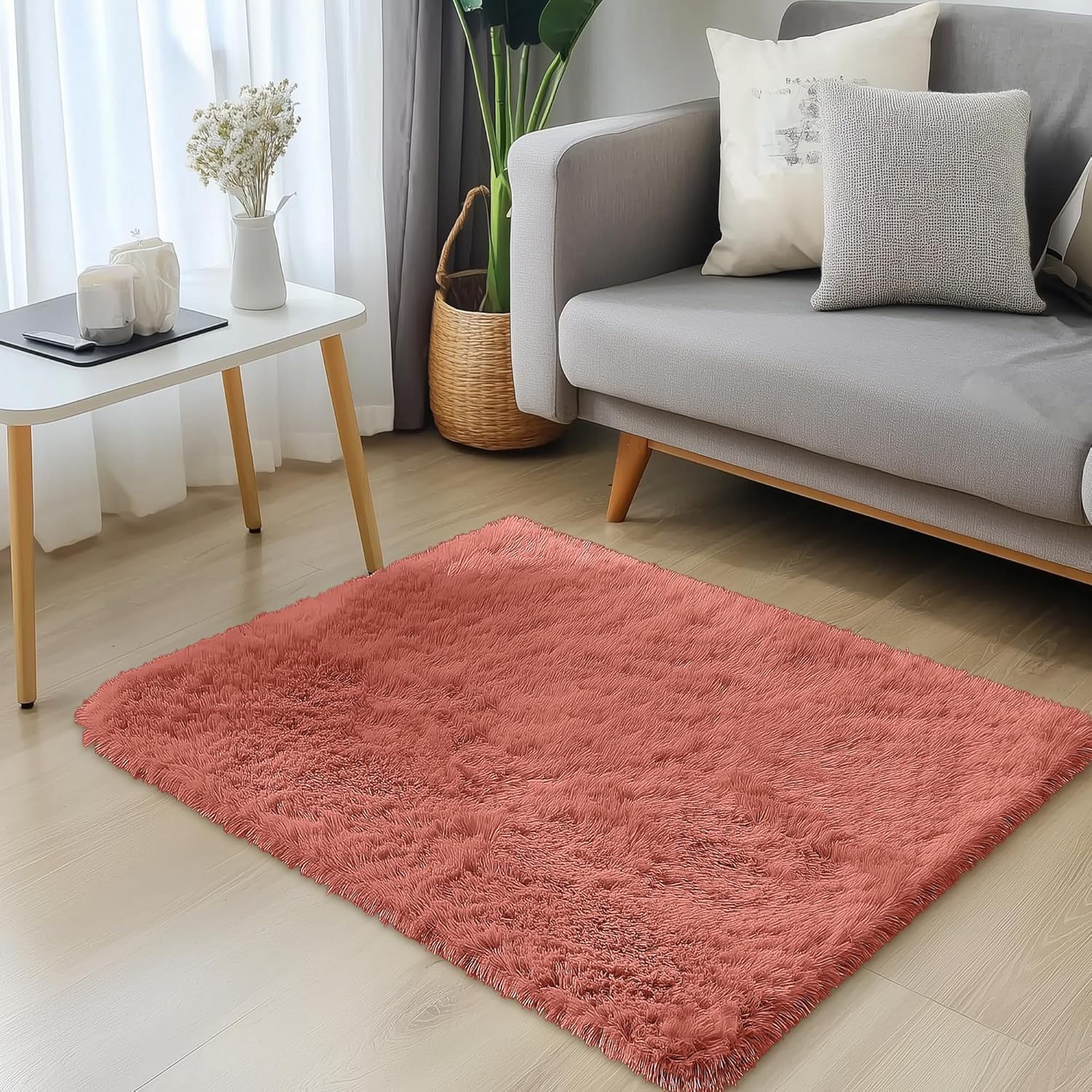 OLANLY Small Bedside Rug - Soft Fluffy Shaggy Entryway Carpet for Bedroom & Living Room | Rust Red
