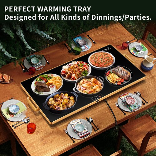 Electric Warming Tray (XXL 32”x18”)，Food Warmers for Parties Buffet with Thermostat & Full Surface Heating, Tempered Glass Warming Mat for Food, Temperature Adjustable Gold Handles Food Warming Mat