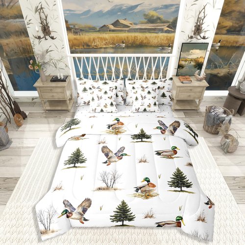 Erosebridal 7Pcs Twin Mallard Duck Bedding for Boys Men Nursery Woodland Wild Ducks Comforter Rustic Country Duck Camo Bedding Set Forest Hunting and Fishing Bed Sheets with Pillowcases Bed in A Bag