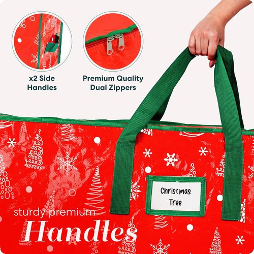 Christmas Tree Storage Bag - Durable Waterproof Zippered Bag for 7.5 Foot Artificial Trees | Red Printed Design