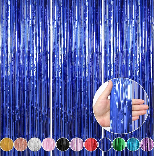 Crosize Dark Blue Foil Fringe Backdrop Curtain - 3 Pack 3.3 x 9.9 ft | Perfect for Parties & Celebrations