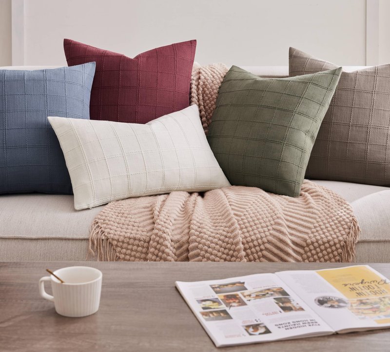ZeeMart Linen Checked Throw Pillow Covers Set of 2, 20x20 Inch Allover Grid Burgundy, Farmhouse Decorative Double Sided Grid Embroidered Couch Pillow Cases Red Cotton Linen Cushion Covers