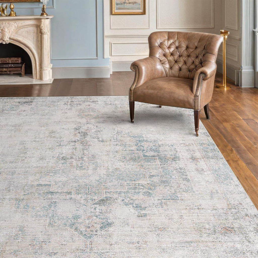 Skiennix Low Pile Office Rugs - 5x7 Abstract Non-Slip Rugs for Living Room & Entryway, Cream Slate Blue