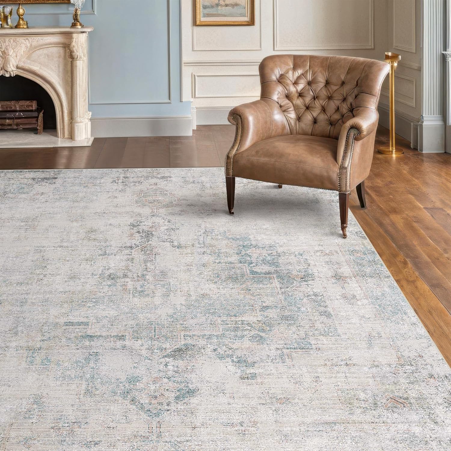 Skiennix Low Pile Office Rugs - 5x7 Abstract Non-Slip Rugs for Living Room & Entryway, Cream Slate Blue