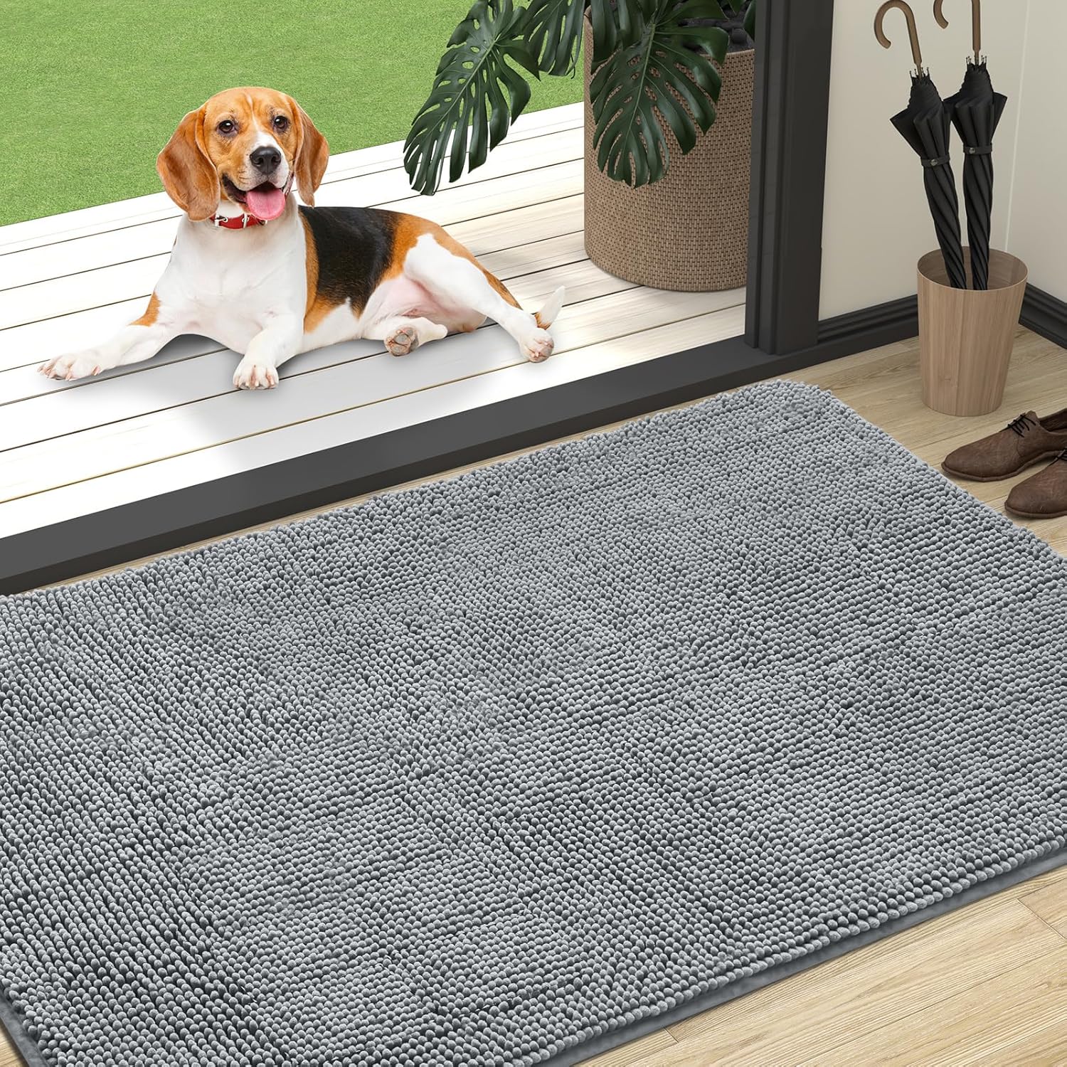 OLANLY Dog Door Mat - Absorbent Non-Slip Mud Mat for Indoor Use | 47x32 Grey Chenille Carpet