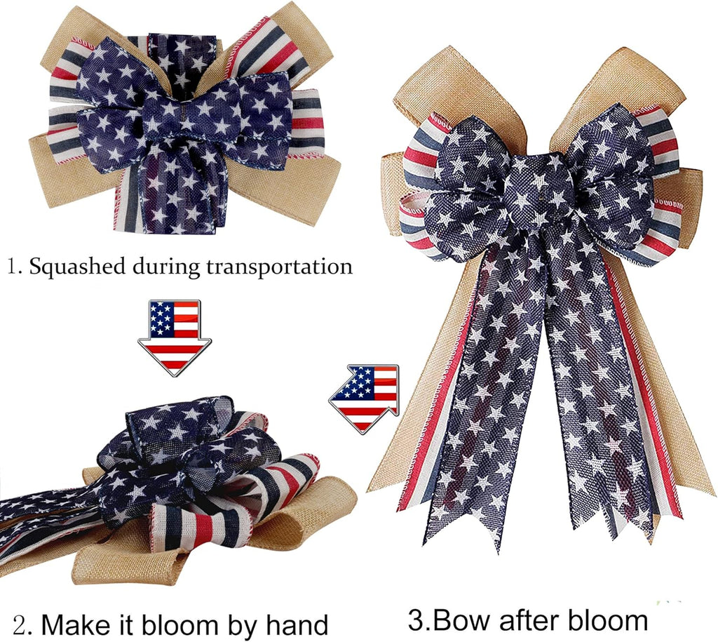 Patriotic Decor Bows - Burlap Red White Blue Stripe Stars | Perfect for 4th of July & Memorial Day