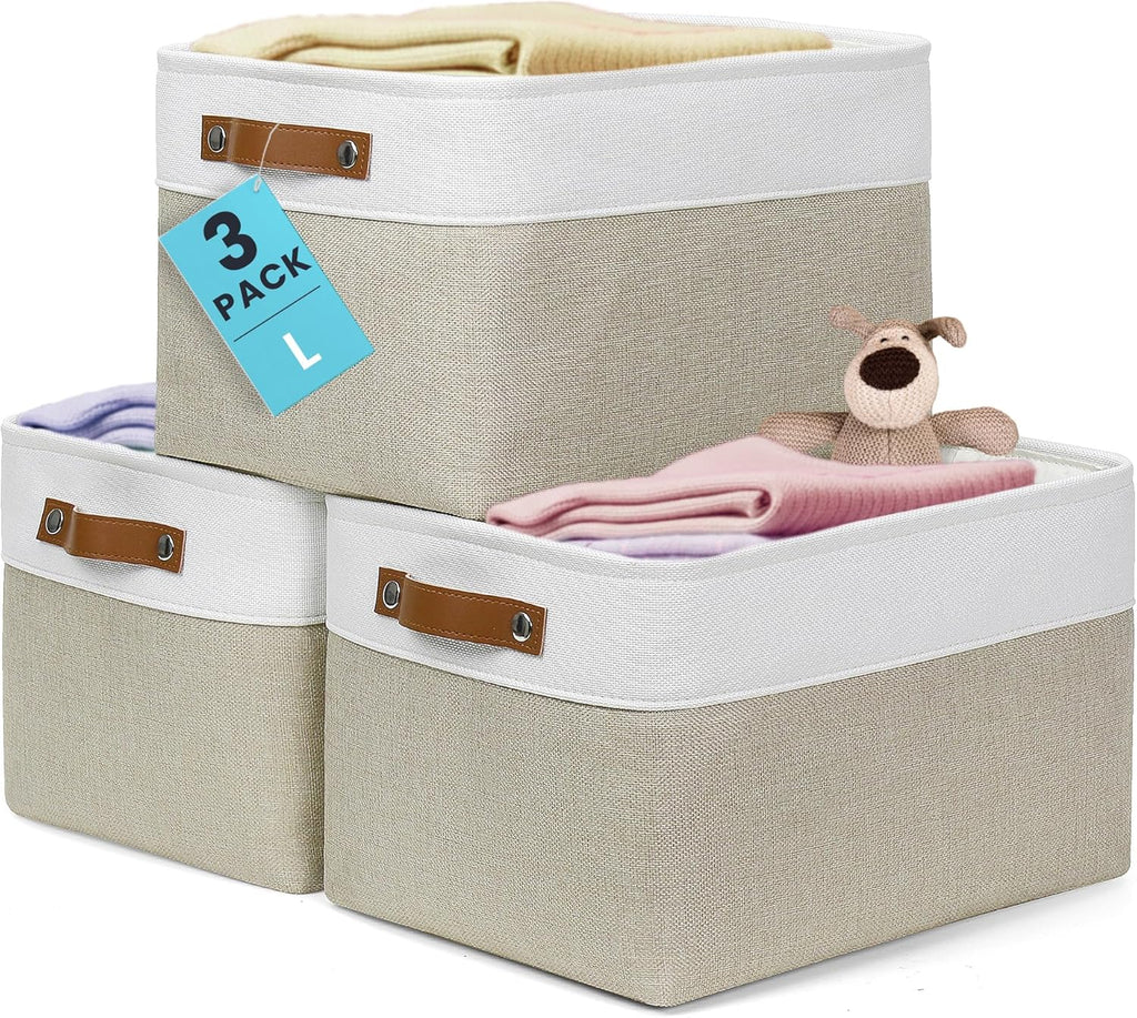 OrganiHaus Large Fabric Storage Baskets - 3 Pack Canvas Organizers for Shelves | 15x11in Beige/Off-White