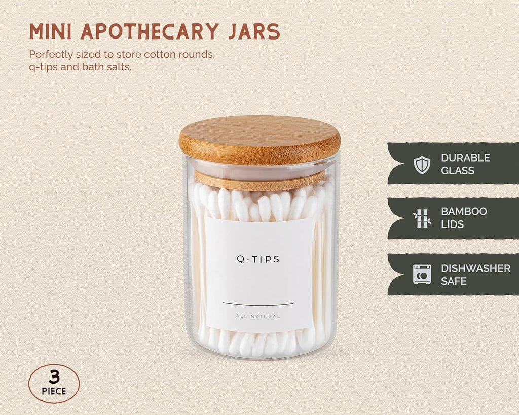 Vase and Vessel Mini Glass Apothecary Jars - Bamboo Lids for Stylish Storage | Set of 3, 10 oz