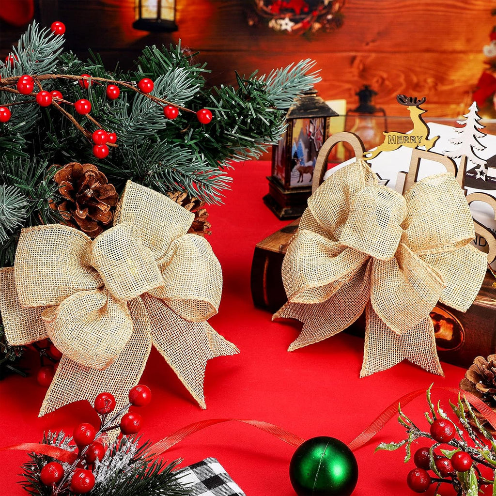 Xinnun Burlap Bows - Rustic Jute Decorations for Holiday Wreaths & Christmas Tree Toppers | Set of 4