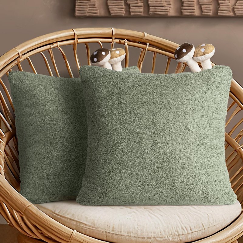 AELS Modern Farmhouse Decorative Mushroom Pillow Covers 18x18 with Two Small Mushroom Plush Sewed in, Cozy Plush Cushion Case for Bed Couch Sofa, Green
