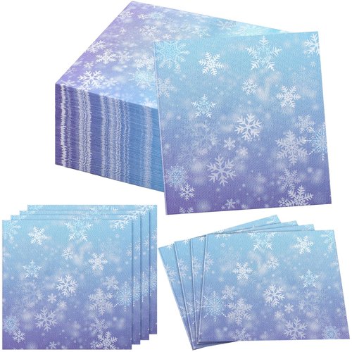 Janlaugh 100 Pcs Bulk Snowflake Paper Napkins Gradient Blue and Purple 3 Ply Disposable Party Napkins for Guest Wonderland Party Hand Towel for Winter Birthday Supplies (9.84 x 9.84 Inches)