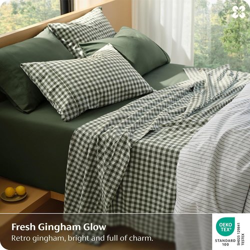 Bedsure 100% Washed Cotton Percale Sheets - Soft Gingham Queen Set with 18" Deep Pockets (Olive Green)