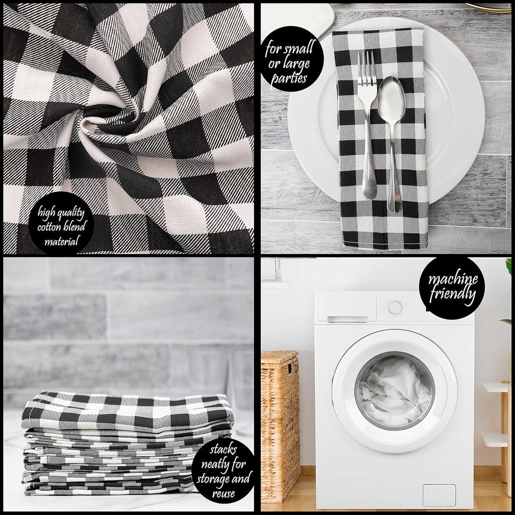 PERLLI Kitchen Cloth Napkins - 12 Pack 18x18 Inches | 100% Cotton Black and White Plaid Design, Washable & Reusable for Elegant Table Settings