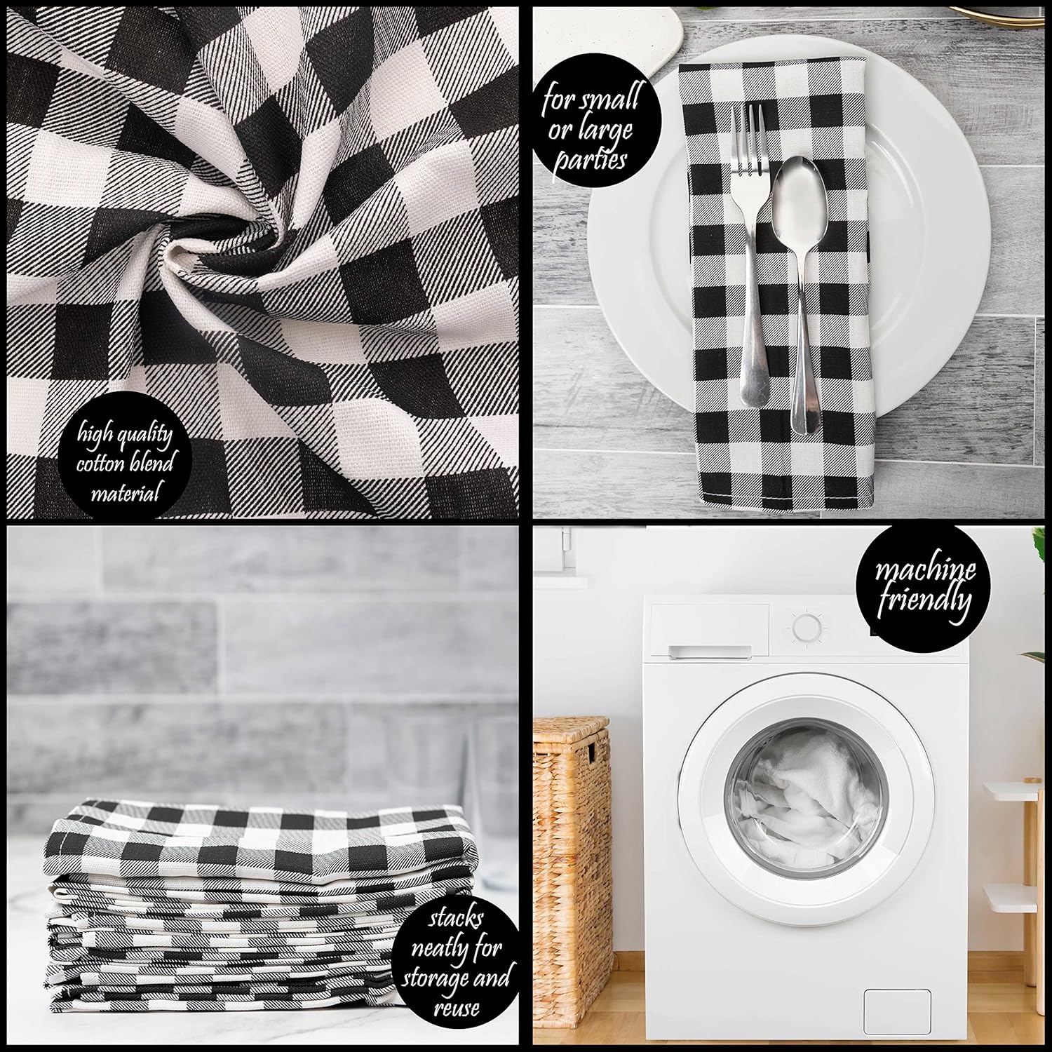 PERLLI Kitchen Cloth Napkins - 12 Pack 18x18 Inches | 100% Cotton Black and White Plaid Design, Washable & Reusable for Elegant Table Settings